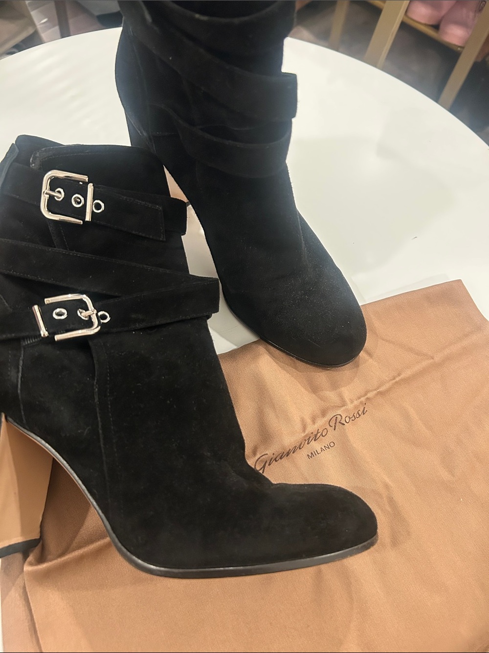 Gianvito Rossi Black Suede Buckle Strap Ankle Boots